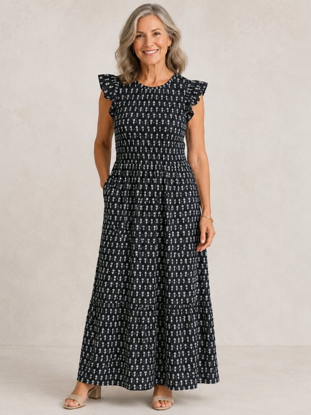 J.Crew Black White Floral Maxi Dress Size ST Flutter Sleeve Cottagecore Romantic